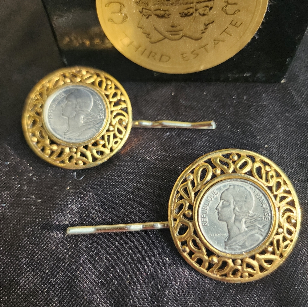 Republique Francais French Coin Silver & Gold Set of 2 Hairpins Upcycled from...